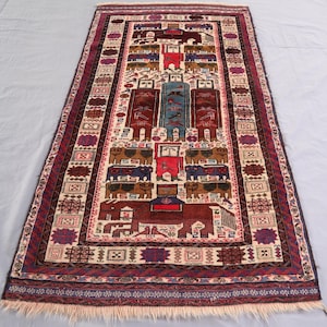 3&#39;9x6&#39;4 Animal Art Pictorial Rug - Birds Horses Beige Rug - Antique Afghan Baluchi Handmade Wool Area Rug - Kids Room Rug - Home Deco Carpet