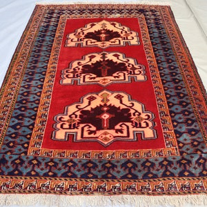 3x5 ft Afghan Vintage Rug Turkmen Baluchi Rug/ Handmade Fine Wool Area Rug/ Oriental Bokhara Rug/ Red Geometric Caucasian Rug/ Entry Way Rug