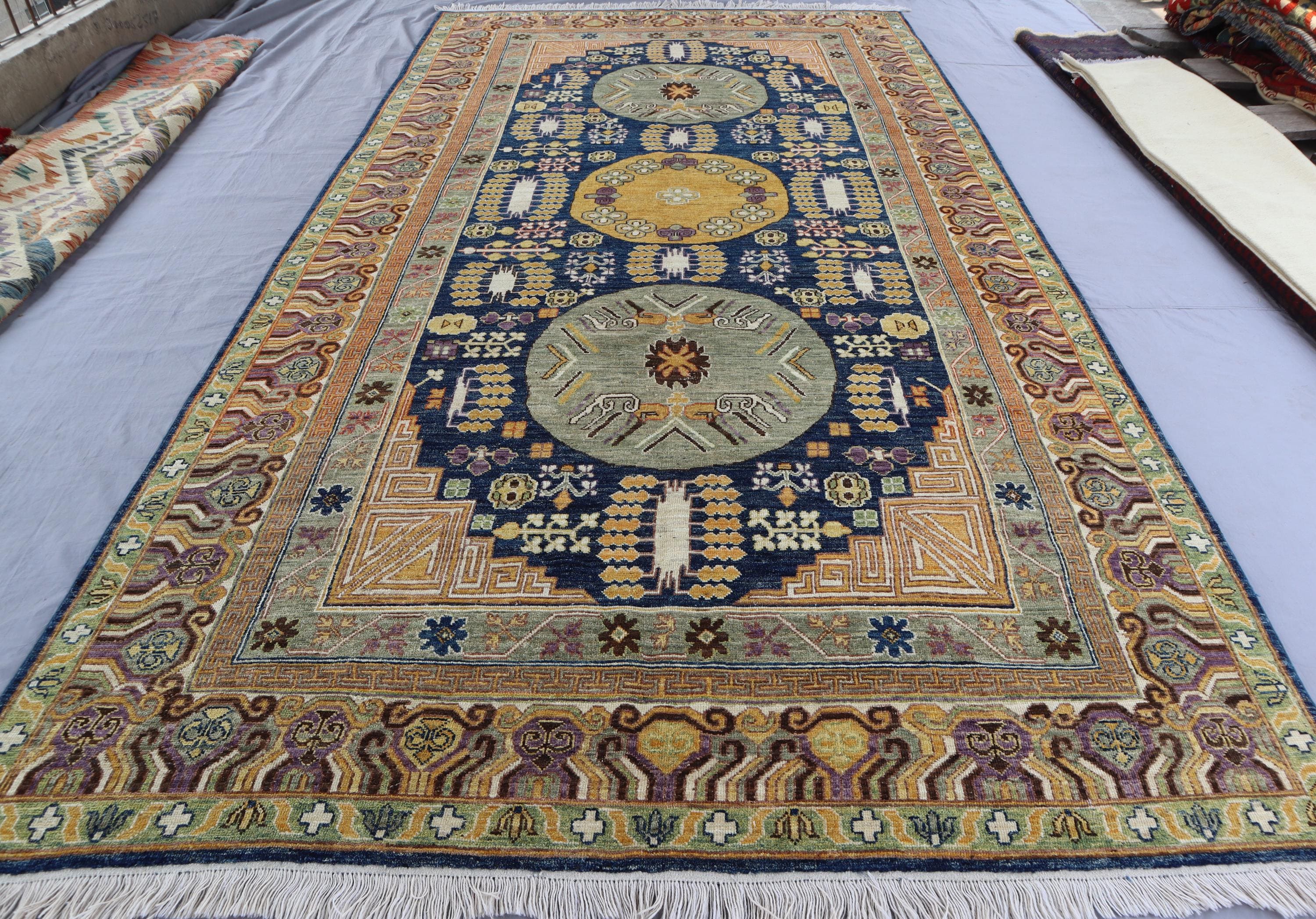 アフガニスタンハンドメイドトライブルラグ 大型7 x 13フィートのネイビーブルーラグ、アフガニスタン幾何学