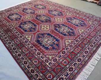 5x7 ft Geometric Area Rug, Afghan Hand Knotted Soft Wool Red rug, Tribal Navy Blue Rug, Vintage Turkmen Oriental Bukhara Rug, Bedroom Carpet