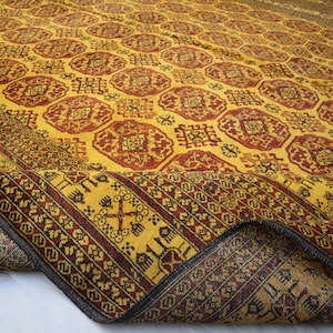 Turkmeens bukharatapijt 10 x 13 ft, vintage Afghaans handgemaakt wollen tapijt, tribal vintage tapijt, geel antiek tapijt, oosters tapijt, slaapkamer, kantoortapijt
