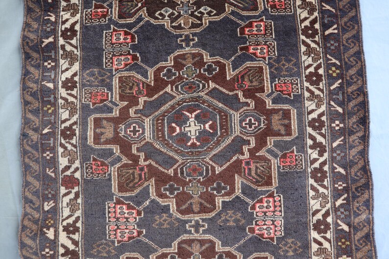 9 Ft Afghan Black Runner Rug Geometric Caucasian Handmade Wool Rug