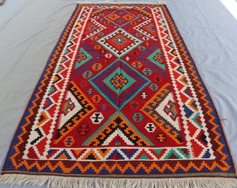 5x9 Handmade Afghan Kilim Rug - Turkish Flatweave Multi Color Geometric Kilim Rug- Oriental Vintage Area Red Rug- Living Room- Office Carpet