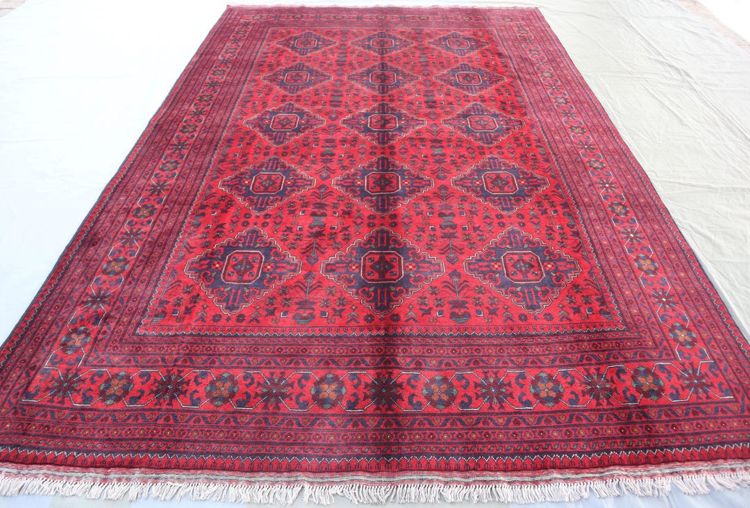 Red Bukhara Rug 7x10 Ft Afghan Geometric Hand Knotted Wool Area Rug ...