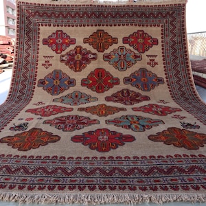 Antique 7x9 ft Area Rug, Afghan Baluchi Handmade Soft Rug, High Pile Wool Beige Rug, Geometric Design Rug, Tribal Bohemian Boho Bedroom Rug