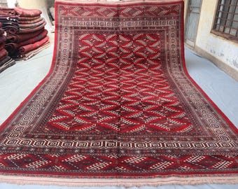 Vintage Red Rug 7&#39;9x11&#39;4 ft Turkmen Bukhara Rug/ High Pile Handmade Wool rug/ Afghan Oriental Area Rug/ Rug for Bedroom/ Living Room Carpet