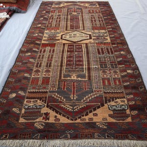 4&#39;1x8&#39;4 ft Tribal Vintage Rug, Afghan Handmade Soft Pile Wool Rug, Baluchi Oriental Rug, Turkmen Antique Living Room Carpet, Entry Way Rugs