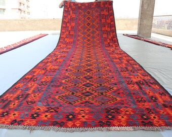 Alfombra Kilim afgana de 1,5 x 4,5 m, de largo y ancho, tradicional, de lana tejida a mano, con tintes vegetales en naranja y rojo intenso, para pasillo.