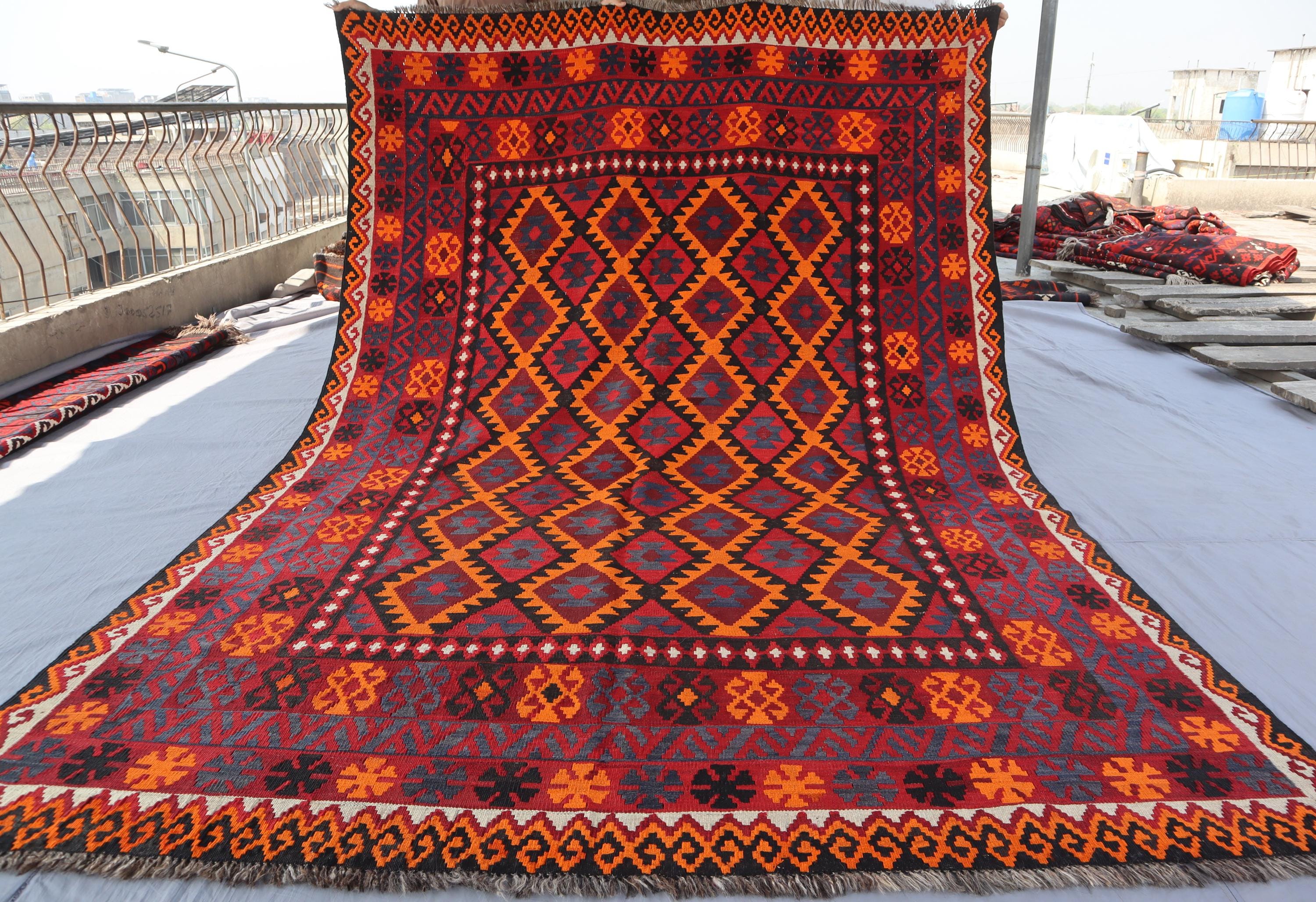 6'6x9'10 ft Afghan Geometric Kilim Rug, Antique Flatweave Ghalmori Kilim Handmade Wool Rug, Vintage Oriental Turkmen Rug, Red Bedroom Carpet