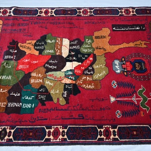 Tapete multicolorido com mapa afegão 3x6, tapete balúchi com mapa antigo deslumbrante, peça de colecionador autêntica, tapete tecido à mão, tapete com mapa de Bukhara de excelente qualidade
