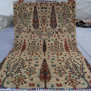 4x6 ft Baum des Lebens Bildlicher Teppich, Afghanischer Handgemachter Beiger Wollteppich, Turkmenischer Orientalischer Natürlicher Farbstoffe Teppich, Wandbehang für Wohnzimmer