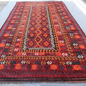 9x15 ft Antique Flatweave Rug, Afghan Geometric Vintage Kilim Rug, Turkmen Red Orange Oriental Large Rug, One of a Kind Rug Dining Table Rug
