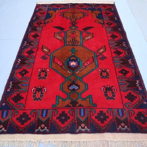 Red 3x5 ft, Afghan Baluchi Area rug, Handmade High Pile Soft Wool rug, Turkmen Bukhara Veg Dyes rug, Small Oriental Kitchen, Office Carpet