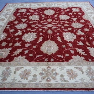 8x8 ft Afghan Square Rug - Turkman Oriental Ziegler Handmade Wool Rug - Turkish Heriz Pattern Area Red Rug - Bedroom Rug- Living Room Carpet