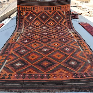 9x15 ft Antique Maroon Orange Kilim Rug, Vintage Afghan Large Area Rug, Handmade Wool Turkmen Flatweave Rug, Oriental Office Rug Bedroom Rug