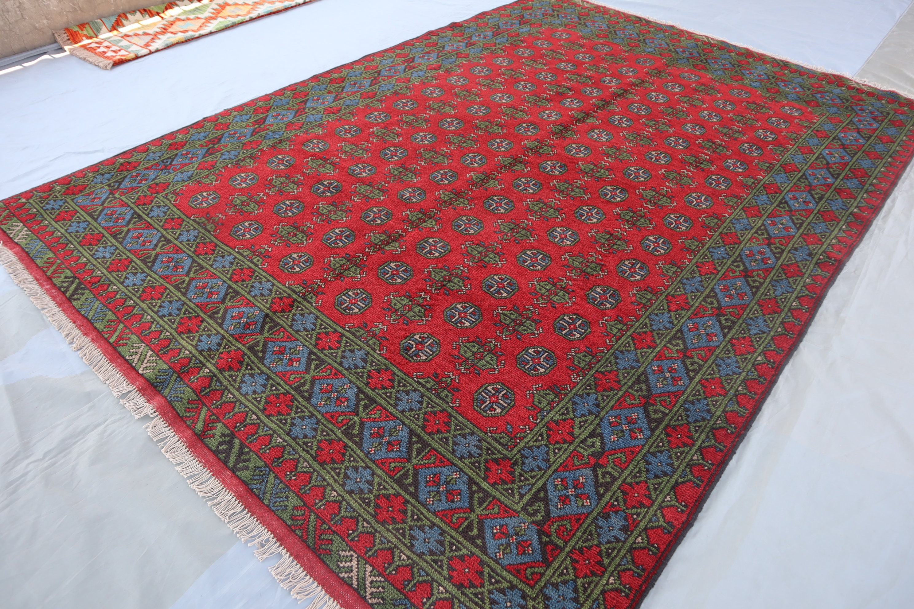 1980s Antique Red Afghan Rug 7x10 Ft, Turkmen Tekke Mowri Rug/ Handmade ...