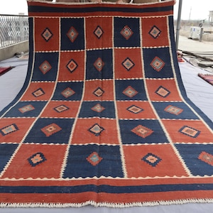 1970s Antique 6&#39;4x9&#39;8 Afghan rug Turkmen Flatweave Kilim Rug, Terracotta Navy Blue Vintage Rug, Nomadic Tribal Kilim Area Rug, Bedroom Rug