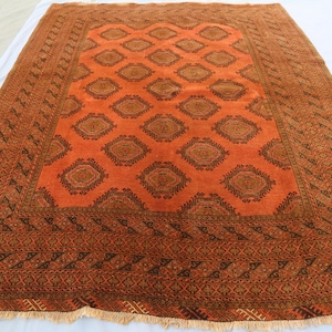7x9 ft Terracotta Orange Vintage Rug, Turkmen Bukhara Hand Knotted Wool Tribal Rug, Antique Oriental Afghan Rug, Bedroom, Living Room Carpet