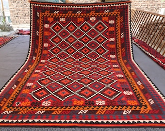 7x10 ft Red Afghan Vintage Rug, Handmade Wool Rug, Antique Turkmen Flatweave Kilim Geometric Rug, Rugs For Living Room, Dining Table Carpet