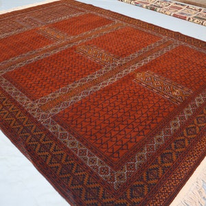 7x10 ft Afghan Vintage Rug- Turkmen Bukhara Parda Design Rug- Hand Knotted Wool Area Rug- Orange High Pile Rug- Bedroom Rug- Office Carpet