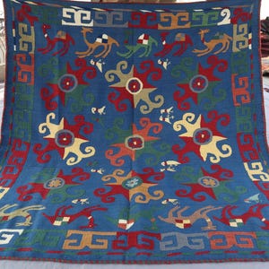 5&#39;4x6 ft Vintage Uzbek Suzani Embrodered Kilim, Handmade Afghan Tapestry Pictorial Wall Decoration, Blue Wall Hanging Kilim, Table Cover