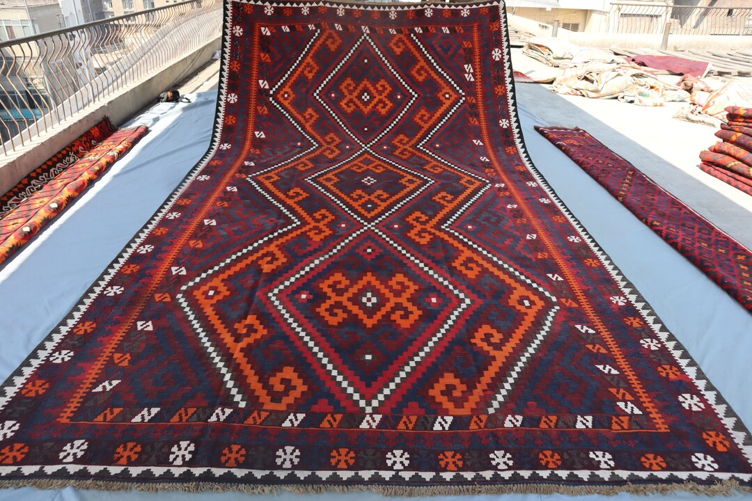 Antique Kilim Area Rug 9x16 Ft, Afghan Flatweave Geometric Handmade ...