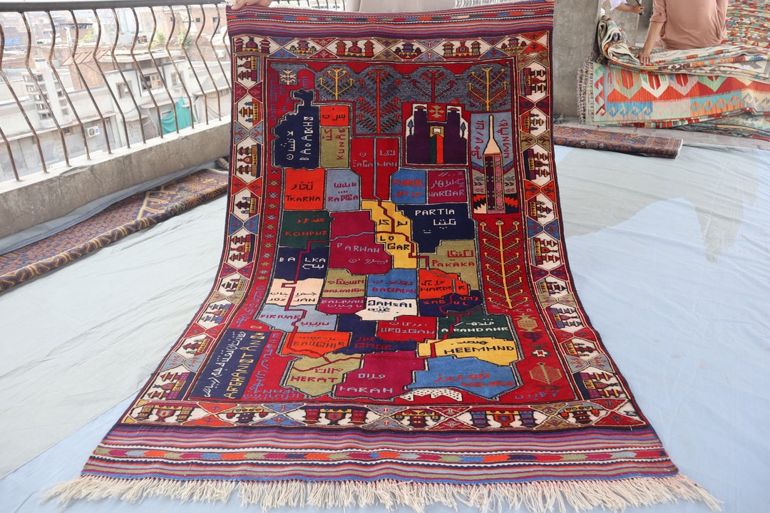 4'2x6'7 Ft Vintage Map Design Pictorial Rug, Afghan Hand Knotted 100% ...