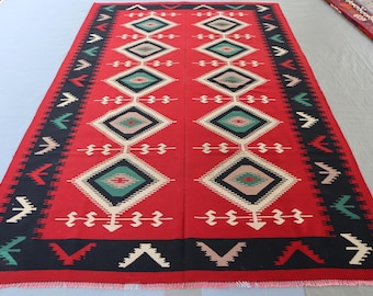 6&#39;4x9&#39;6 ft Afghan Kilim Rug, Red Black Vintage Handmade Kilim Wool Rug, faded Flat weave Geometric Design Rug, Office, 7x10 Entry Way Carpet