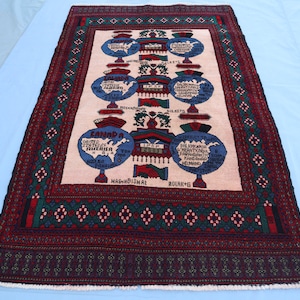 3&#39;3x5&#39;4 Antique Bokhara rug/ Afghan Handmade Wool Rug/ Vintage Baluchi Rug/ World Map Pictorial Rug/ Oriental Turkmen Rug/ Home Decor Carpet