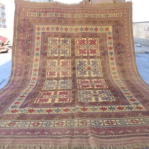 6&#39;4x8 ft Large Vintage Kilim Rug, Afghan Flatweave handmade Kilim Wool Rug, Antique Geometric Area Rug, Turkmen Rusty Light Yellow Kilim Rug