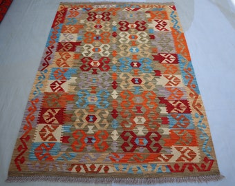 4x6 ft Afghan Kilim Rug, Vintage Multicolor Handmade Wool Rug, Antique Turkmen Oriental Flatweave Rug, Turkmen Oriental Carpet, Bedroom Rug