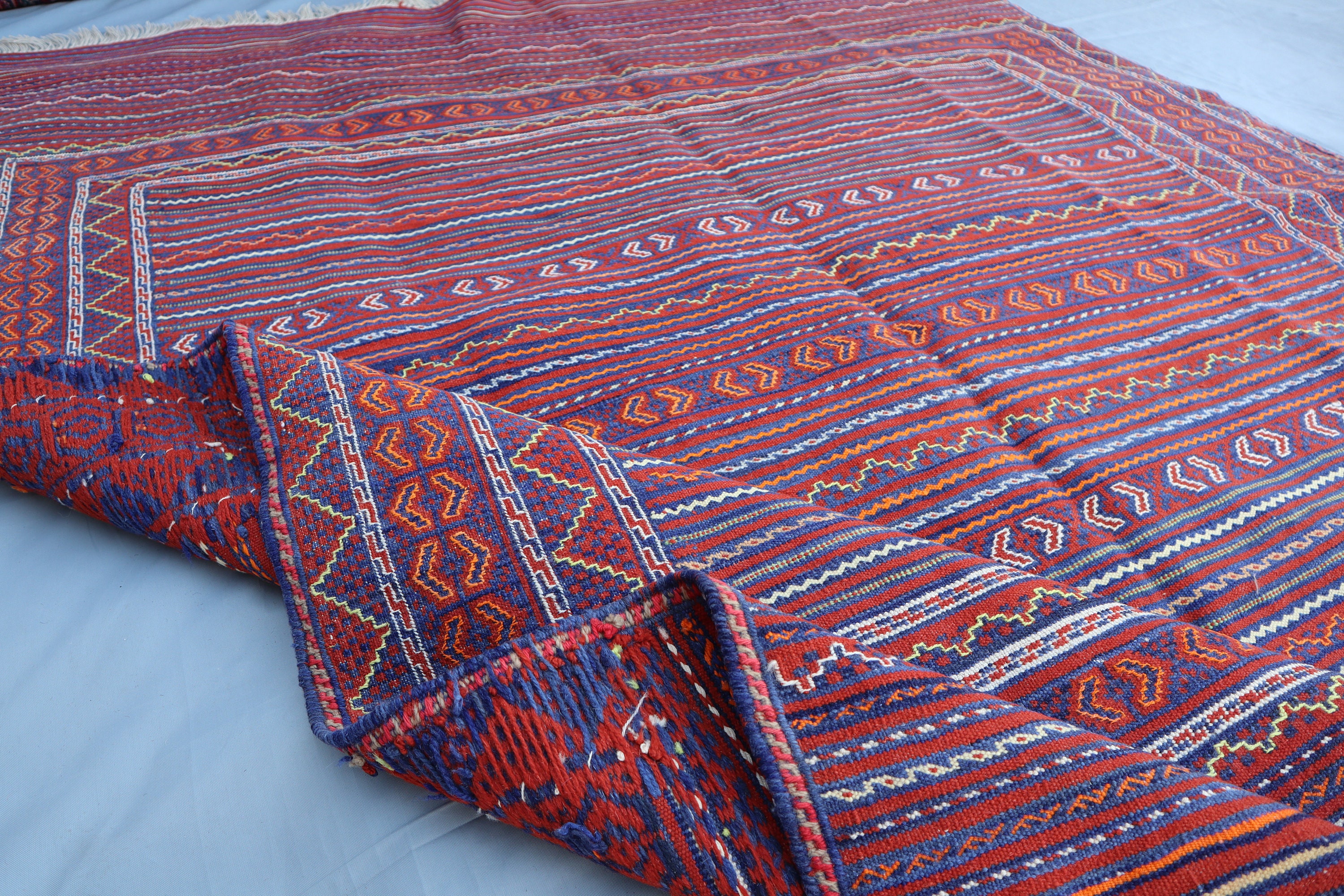 4.7x6.2 Afghan Kilim Area Rug, Flatweave Handmade Wool Rug, Striped Turkmen Soumak Rug, Natural Veg Dyes Oriental rug Vintage Rug for Office
