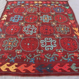 5x6 ft Maroon Red One of a kind Handmade Uzbek Suzani Antique Birds, Tapestry Oriental Vintage Embroidery Table Cover, Wall Hanging Deco Rug