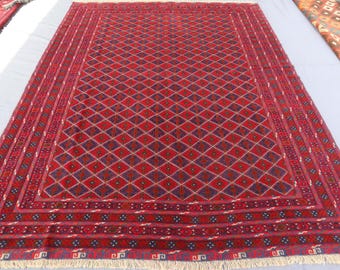 7x9 ft Oriental Berjesta Rug, Vintage Geometric Afghan Meshwani Rug, Soft Wool Handmade Boho Rug, Medallion Red Navy Blue Carpet for Bedroom