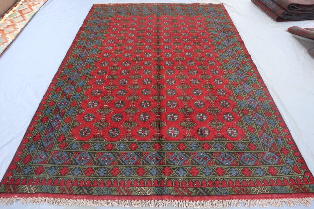 1980s Antique Red Afghan Rug 7x10 Ft, Turkmen Tekke Mowri Rug/ Handmade ...