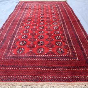 3&#39;6x6&#39;4 ft Afghan Baluchi Rug Vintage Turkmen Rug, Handmade Wool 1980s Antique Red Rug, Boho Area Rug, Bedroom Carpet, Mowri Gul Design Rug