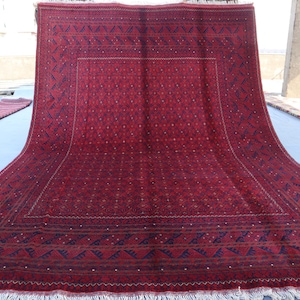 7x10 ft Afghan Oriental Area Rug, Hand Knotted Wool Rug, Turkmen Tribal Bukhara Traditional Rich Red Rug for Bedroom, Veg Dyes High Pile Rug