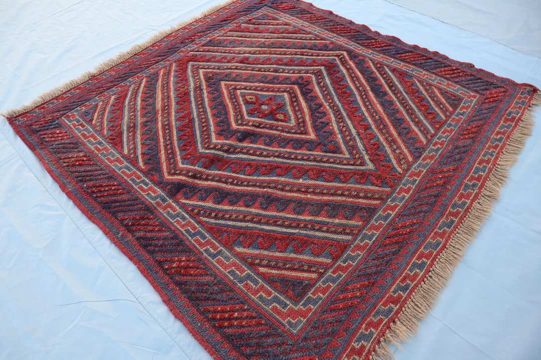 4x4 Ft Afghan Square Rug- Turkman Geometric Berjesta Handmade Wool Rug ...