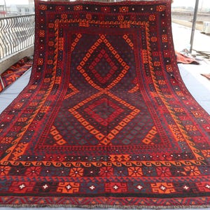 1970s Antique 8'1x13'3 Ft Afghan Rug Turkmen Flatweave Ghalmori