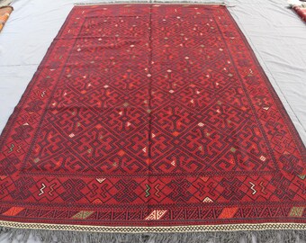 7x10 ft Afghan rug Turkmen Fine Flatweave Kilim Rug, Handmade 1970s Vintage Wool Rug, Red Living Room Rug, Tribal Oriental Bohemian Area Rug
