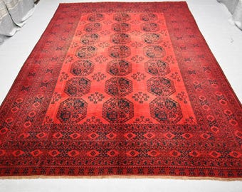 8'6x12'5 ft Red Afghan Bukhara Rug, Vintage Faded Hand Knotted Wool Area Rug, Turkmen Oriental Ersari Boho Rug for Living Room Office Carpet