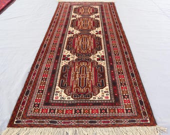 Alfombra afgana vintage de 86 x 1.98 m, hecha a mano, de lana, geométrica, baluchi, oriental, marrón y beige, para cocina y pasillo corto.