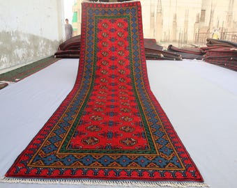 2'8x9'6フィートの赤いアフガンランナーラグ - ハンドノットウールラグ