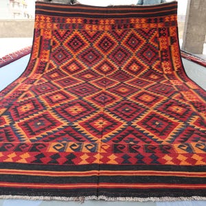 8&#39;5x13 ft Geometric Kilim Flatweave rug- Vintage Afghan Handmade Wool Red Orange Rug- Turkmen Oriental Rug- Bedroom Rug, Dining Table Carpet