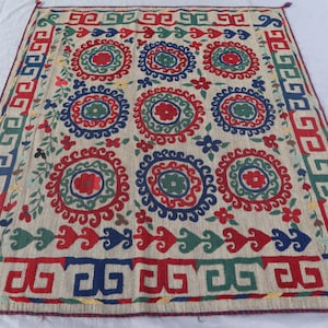 4&#39;10x5&#39;5 ft Beige One of a kind Handmade Uzbek Suzani Antique Birds, Tapestry Oriental Vintage Embroidery Table Cover, Wall Hanging Deco Rug