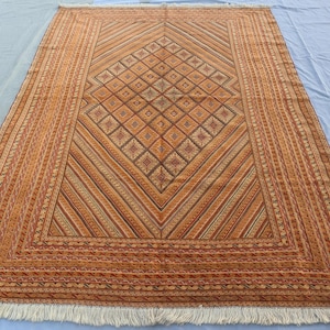 1970s Vintage Rug 6&#39;5x9 ft- Afghan Geometric Tribal Handmade Soft Wool Carpet- Bohemian Turkmen Berjesta Light Terracotta Rug For Farmhouse