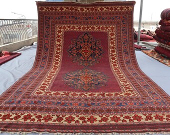 Large 6'7x10'3 ft Area Rug, Vintage Geometric Afghan Meshwani Rug, Oriental Veg Dyes Wool Handmade Boho Rug, Medallion Red Rug for Bedroom
