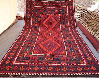 8'1 x 13'5 ft antiek geometrisch tapijt, platgeweven kelimtapijt, vintage karpet, Afghaans tapijt, oosters Turkmeens nomadisch tapijt, tapijt grote woonkamer