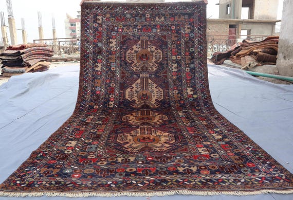 Afghan Vintage Rug 3'8x6'6 Turkmen Geometric Baluchi Rug, 1980s