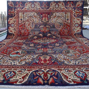 9&#39;6x13&#39;2 Large Vintage Rug, Afghan Handmade Wool Rug, Hunting Scene Rug, Antique 1980s Rug, Oriental Pictorial Art Deco Rug, Living Room Rug